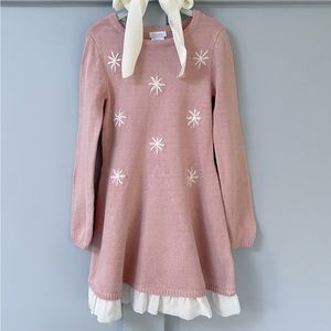 Tahari Dusty Pink Knit Snowflake + Pearl Ruffle Edged Sweater Dress | Size 5-6